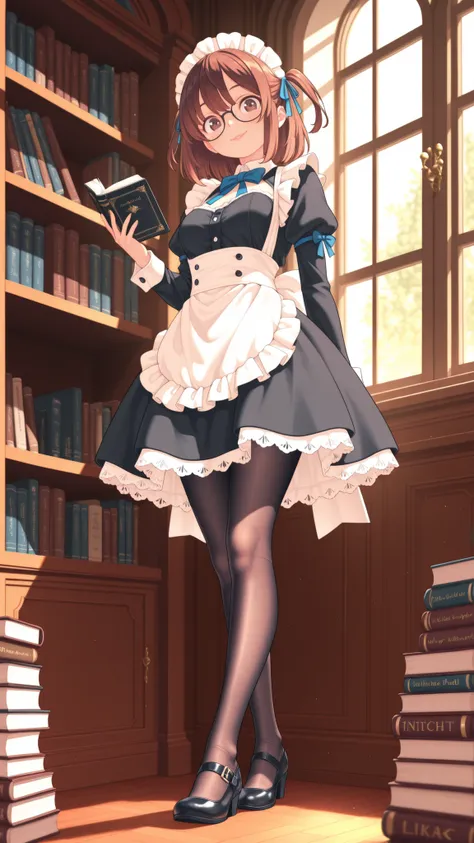 Like a Picture, high definition, detailed, Sophisticated Maid, Smiling Lips, Stylish Thin Framed Glasses, wavy brown hair, side up, Delicate Lace Headdress, Modern maid clothes , Black Dress, white apron, bow tie, blue ribbon, below-knee skirt, black tight...