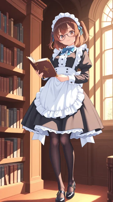 Like a Picture, high definition, detailed, Sophisticated Maid, Smiling Lips, Stylish Thin Framed Glasses, wavy brown hair, side up, Delicate Lace Headdress, Modern maid clothes , Black Dress, white apron, bow tie, blue ribbon, below-knee skirt, black tight...