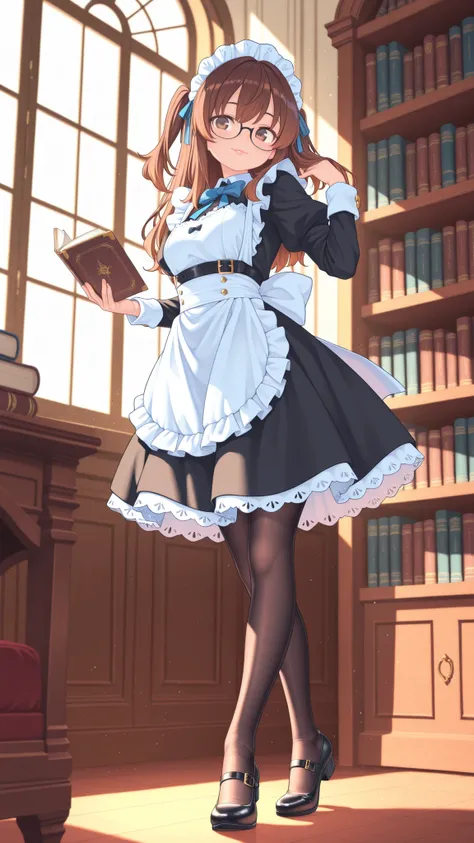 Like a Picture, high definition, detailed, Sophisticated Maid, Smiling Lips, Stylish Thin Framed Glasses, wavy brown hair, side up, Delicate Lace Headdress, Modern maid clothes , Black Dress, white apron, bow tie, blue ribbon, below-knee skirt, black tight...