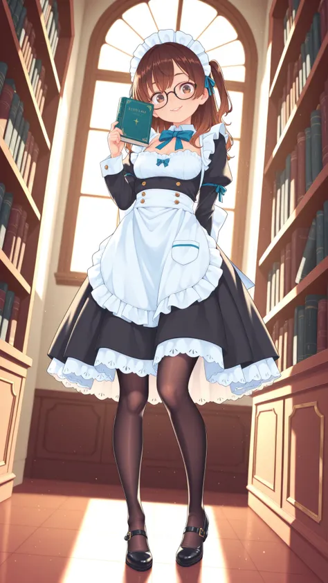 Like a Picture, high definition, detailed, Sophisticated Maid, Smiling Lips, Stylish Thin Framed Glasses, wavy brown hair, side up, Delicate Lace Headdress, Modern maid clothes , Black Dress, white apron, bow tie, blue ribbon, below-knee skirt, black tight...