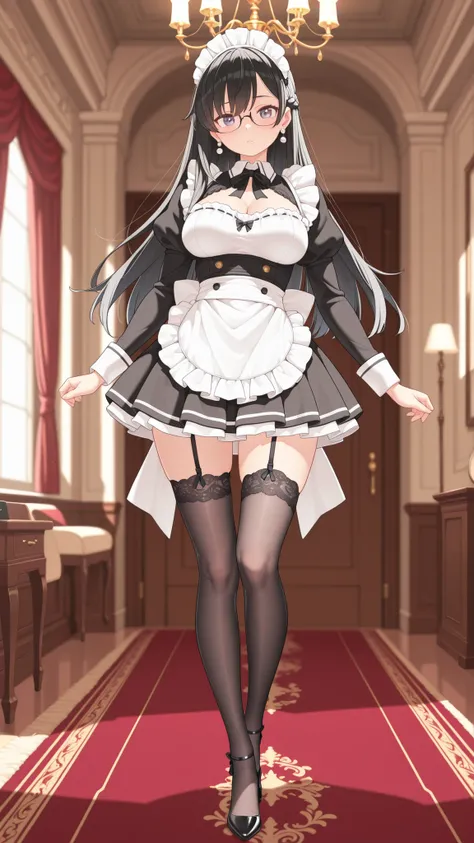 Highest Quality, masterpiece, ultra high definition, Elegant maid, intellectual expression, designer glasses, semi-long hair, side pony, Lace headpiece, Perfectly Tailored Maid Uniforms, Delicate Embroidered Aprons, Pleated Skirt, pearl earrings, black abo...