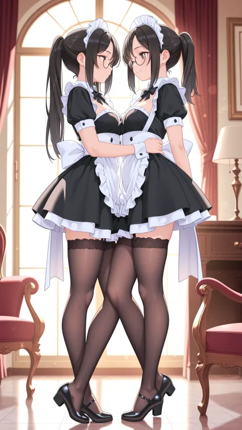 High Quality, masterpiece, Fine, elegant sophisticated maid, Quiet Smile, chic black rimmed glasses, long black hair, ponytail, White Headdress, Perfect Maid Outfit, black and white ruffle apron, Knee Length Skirt, White collar, black stockings, heel shoes...