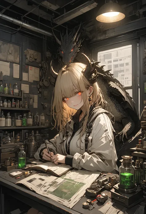 ruinsの Barbell Alchemist、散らかったTest Bench、wonderfulなmedicine、colorful bottle 、flask、 beaker 、彼女は他にどんな風変わりなcreateを生み出すのだろうか、handmade dragon、Making a little dragon、Hand riding dragon on desk、cute expression，determined，glowing eyes ，looking atviewer 、Detailed ...