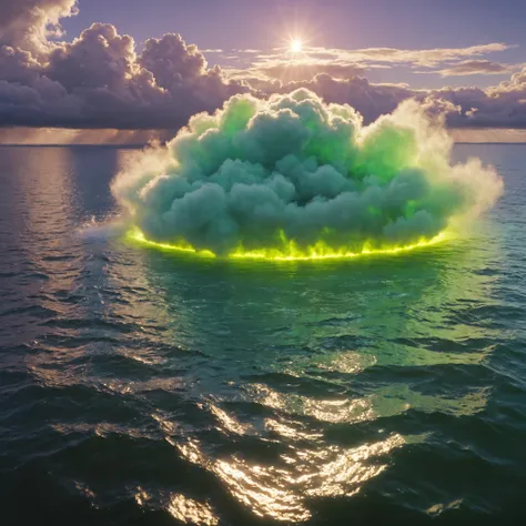 Ultra-realistic, photo-realistic, ultra-detailed, bright vibrant colors, 3D rendered realism, clear crisp images,
 An electric blue sky filled with large dark green cumulus clouds, with light lime green and white billowing clouds in front of these that are...