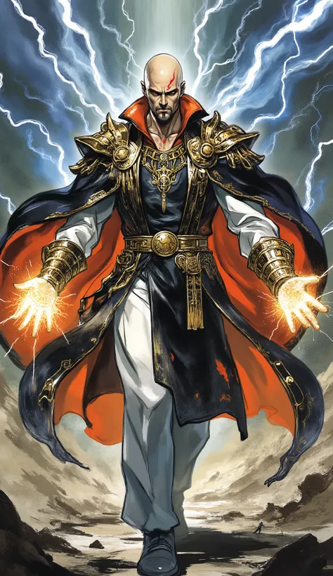 masterpiece, best quality, beautiful and mature anime illustration art, fantasy wuxia style, dynamic angle, cinematic lighting, full of power.
A bald man with a red tattoo extending from his head down his face. His eyes are deep and wise, as if they can se...