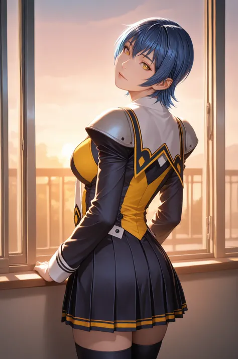 miyagishi yucky, blue hair, short hair, yellow eyes, beautiful lips, St_Arcadia_Uniform, school uniform, black and yellow clothes, shoulder pads, white necktie, long sleeves, pleated skirt, black thighhighs, light yellow camisole, 1girl, solo, a young woma...