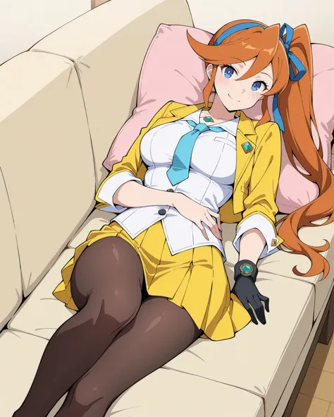 Athena Cykes \ace attorney\, athena_cykes,
dark blue eyes, orange hair, long side ponytail, blue hair ribon,
short yellow jacket,
white shirt,
blue necktie,
single glove,
short yellow skirt,
dark brown pantyhose, black pantyhose,
happy, seductive expr...