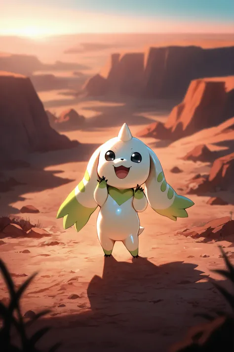 digimon (creature) Terriermon_(Digimon),green-white fur, Two-tone one, one small horns, black eyes, long floppy ears, green tip ears,happy face,smile,open mouth,looking at viewer,happy face,wearing an astronaut outfit,standing,cute chibi style, cheeky smil...