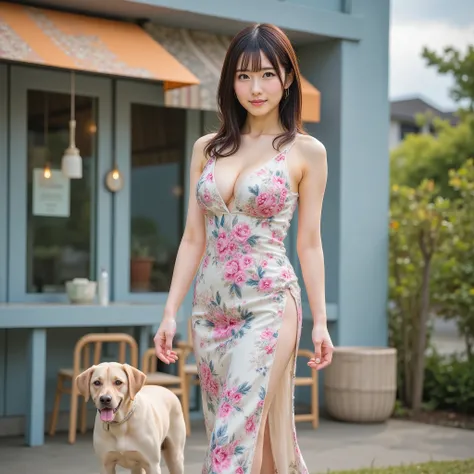 photorealistic,((A very beautiful top Japanese idol woman is walking with her Labrador retriever:1.5)), (Labrador retrievers wear sunglasses:1.15), Walking Pose, sexy scene, (Floral pattern on a deep V-neck Chinese dress:1.3), Clothes that accentuate rich ...