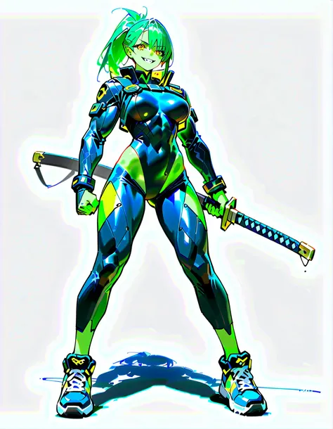 (((masterpiece))), (((Best Quality))), ((Ultra-detailed)), (High Definition anime Illustration), ((extremely delicate and beautiful)),((1 orc girl)),solo, Full body, night-blue ponytail hair style and yellow eyes,((blue Cyber-suit))((holds a sword in a sca...