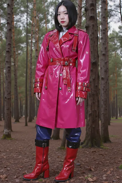 a gigantic 900 pound asian woman as big as a house wears a bright pink and red GothTrench made of heavy vinyl, the jacket has many belts on it made of black vinyl and has silver D rings for attaching restraints, the woman wears blue rubber pants and red le...