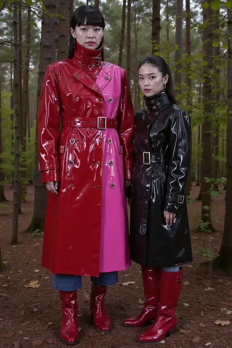 a gigantic 900 pound asian woman as big as a house wears a bright pink and red GothTrench made of heavy vinyl, the jacket has many belts on it made of black vinyl and has silver D rings for attaching restraints, the woman wears blue rubber pants and red le...