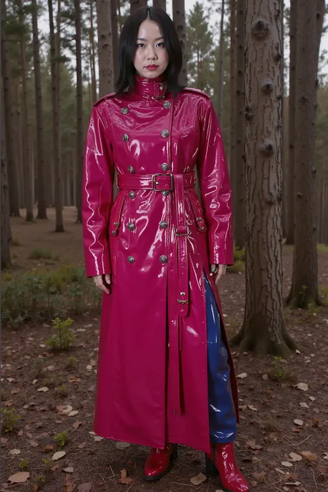 a gigantic 900 pound asian woman as big as a house wears a bright pink and red GothTrench made of heavy vinyl, the jacket has many belts on it made of black vinyl and has silver D rings for attaching restraints, the woman wears blue rubber pants and red le...