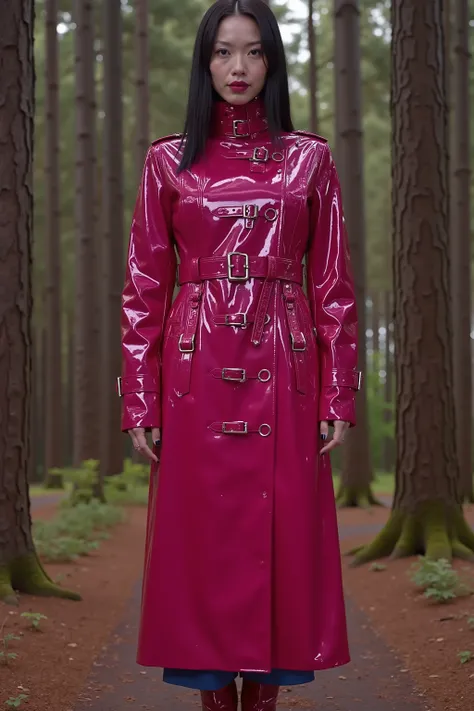 a gigantic 900 pound asian woman as big as a house wears a bright pink and red GothTrench made of heavy vinyl, the jacket has many belts on it made of black vinyl and has silver D rings for attaching restraints, the woman wears blue rubber pants and red le...