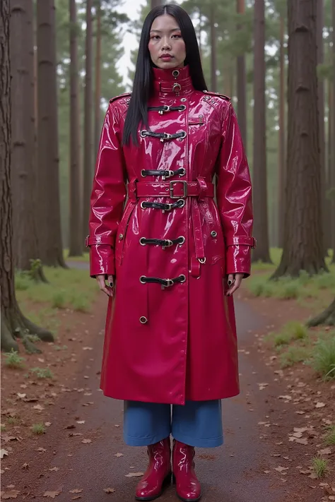 a gigantic 900 pound asian woman as big as a house wears a bright pink and red GothTrench made of heavy vinyl, the jacket has many belts on it made of black vinyl and has silver D rings for attaching restraints, the woman wears blue rubber pants and red le...