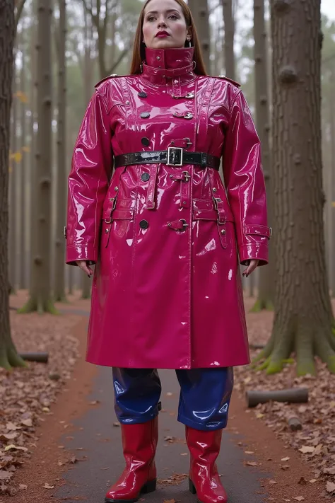a gigantic 900 pound asian woman as big as a house wears a bright pink and red GothTrench made of heavy vinyl, the jacket has many belts on it made of black vinyl and has silver D rings for attaching restraints, the woman wears blue rubber pants and red le...