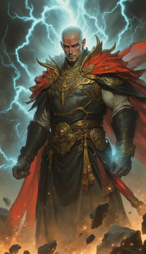 masterpiece, best quality, ultra-detailed, epic, mature anime illustration, fantasy wuxia art style, dynamic composition, dramatic lighting.
A powerful bald man of heroic stature, his head and face are covered in intricate red tattoos. He has deep, wise ey...