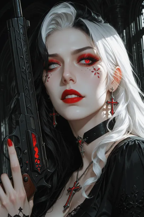 (woman:1.1), (Caucasian:1.2), long wavy split-color hair, heterochromia, ornate cross earrings, black choker with a large cross pendant, intricate details, mascara, eyeshadow, (red lipstick:1.1), (detailed facial features:1.3), sensual expression, (close-u...