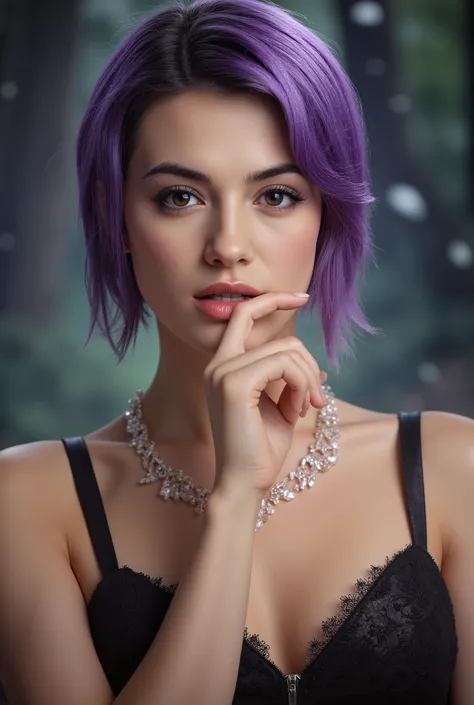 masterpiece,Highest Quality,very detailed,,1girl, She's Biting Her finger, Seraphina_tailor,short purple hair,Sharp Cheekbones ,Tan skin ,beauiful boobs,detailed facial features,realistic skin texture,Classy expression ,Confident Postures,mystical backgrou...