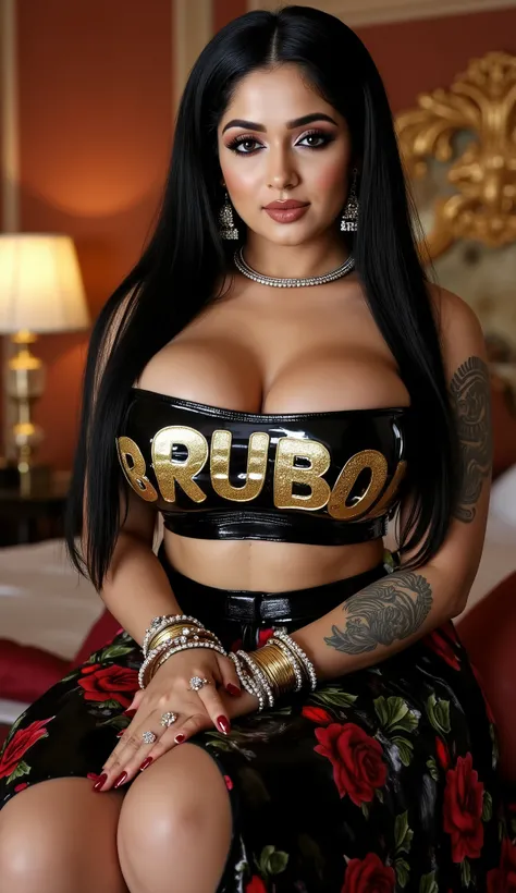 Angelawhite in a punk gothic rider style ((Bimbo)) black hair, kerala pavada blouse, temple aesthetic, malayalam traditional look, south indian beauty, cinematic portrait. solid color background, fashion photography, nice body,big breasts heavy chest, runw...