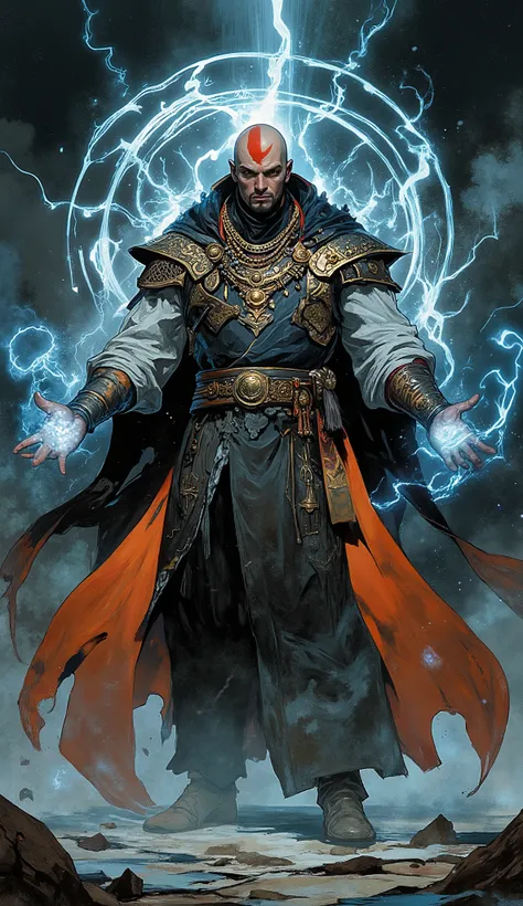 masterpiece, best quality, beautiful and mature anime illustration art, fantasy wuxia style, dynamic angle, cinematic lighting, full of power.
A bald man with a red tattoo extending from his head down his face. His eyes are deep and wise, as if they can se...