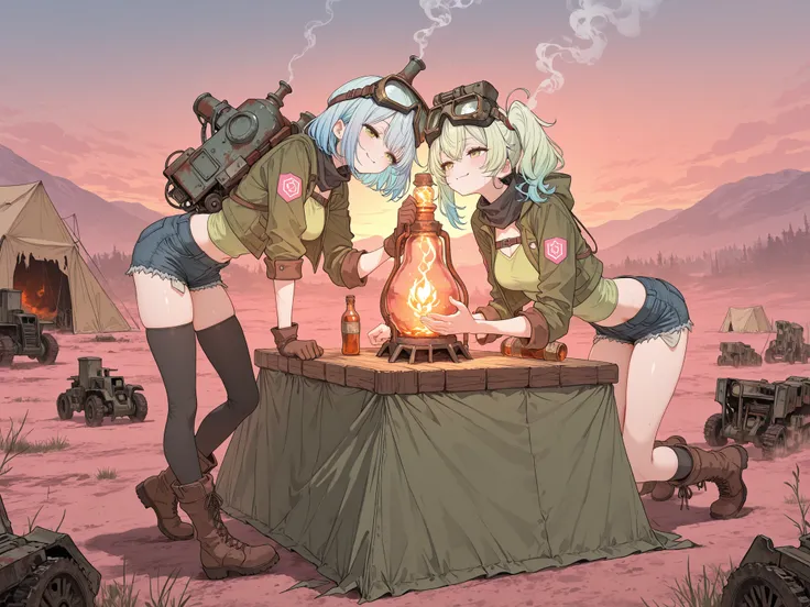 (masterpiece:1.3, best quality, ultra-detailed, cinematic lighting,
post-apocalyptic wasteland camp, makeshift tent in the wasteland,
wooden table cluttered with rusty engine parts and glass bottles filled with strange potions,
one cheerful girl covered...