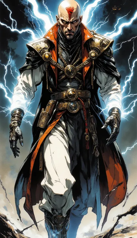 masterpiece, best quality, beautiful and mature anime illustration art, fantasy wuxia style, dynamic angle, cinematic lighting, full of power.
A bald man with a red tattoo extending from his head down his face. His eyes are deep and wise, as if they can se...