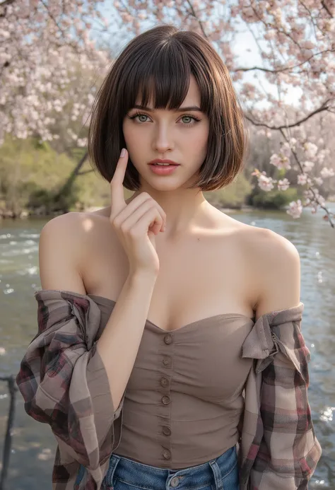 Cherry Blossoming River, Running under the sun, Beautiful Woman with Very Short Hairstyle, The Beautiful Side of Flakiness , extremely detailed, Incredibly Absurd Expression, Ultra High Definition, Perfect Anatomy, 4K, HDR, studio lights to hang your arms,...