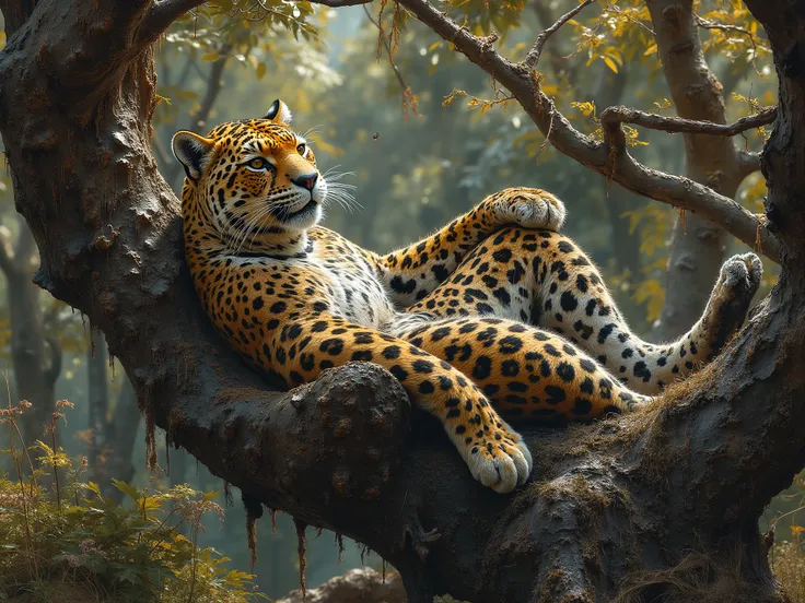 a jaguars resting on a tree trunk, holding a beer; underneath it a cold beer cooler and a grill with roasted meat floating down the river