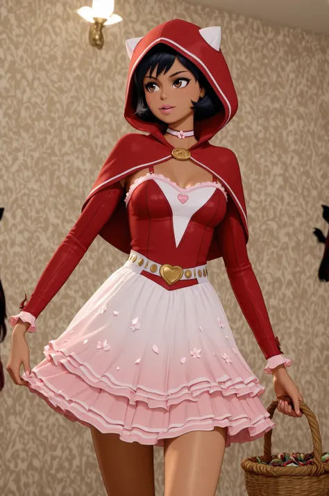  totally_spies_2k24 alex, black hair, short hair, brown eyes, dark-skinned female, pink lips, medium breasts, choker. |  glowing_light, storybook_style, watercolor_(style), painterly, Red_hood_layered_dress,dress,red dress,long sleeves,frills,frilled dress...