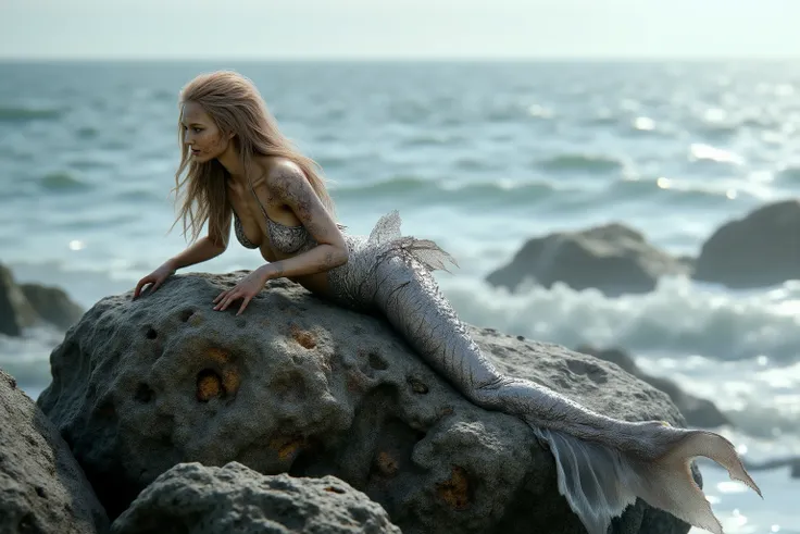 A beautiful wounded mermaid, lies stretched out on a rock in a pristine ocean, With the head on the rock, mit langen, flowing blonde hair, a detailed sculpted tail fin with silvery scales, and a relaxed expression, 8K, detailliert, fotorealistisch, komplex...