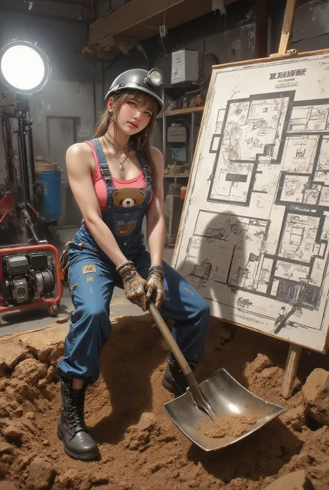 (anime style:1.2), (manga art), (detailed character art), (dynamic pose), a strong (20s-30s athletic woman:1.3) with (long hair tied in a flowing ponytail:1.1). She is wearing a (pink tank top with a cute bear print:1.3), (blue coveralls tied at the waist)...