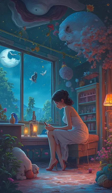 digital painting of A Beautiful women Arcade Story at mid night, in her cozy House outside