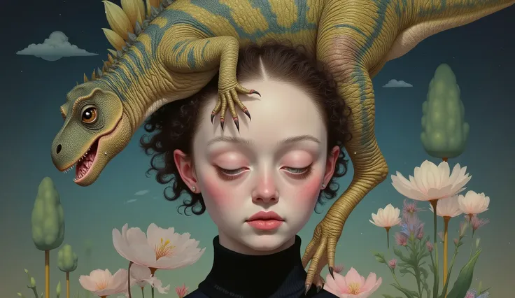  painting a woman with dinosour on her head  ,  surrealist art ,  surrealistic painting