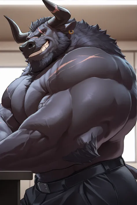 solo, masterpiece:1.3, muscular man, furry black bull, black pants, topless, office, film looks, firm, serious, strong, pose, grin, looking to viewer, cute pose, scar on face, highly detailed, 8k, semi realistic, Anatomically Correct, Best Quality, Texture...