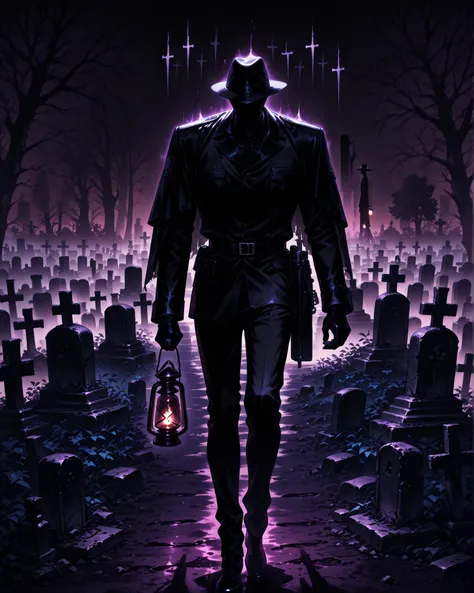 front angle, (masterpiece, 4K, ultra-detailed, cool colors), {1man}:(a slender man, wearing a black guard's uniform, holding a lantern, walking through a cemetery, illuminating the dark path with the light of the lantern in his hand, his face is hidden by ...