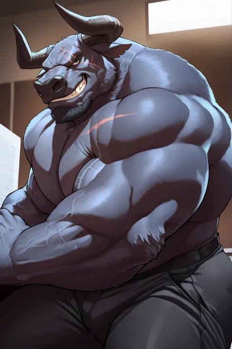 solo, masterpiece:1.3, muscular man, furry black bull, black pants, topless, office, film looks, firm, serious, strong, pose, grin, looking to viewer, cute pose, scar on face, highly detailed, 8k, semi realistic, Anatomically Correct, Best Quality, Texture...