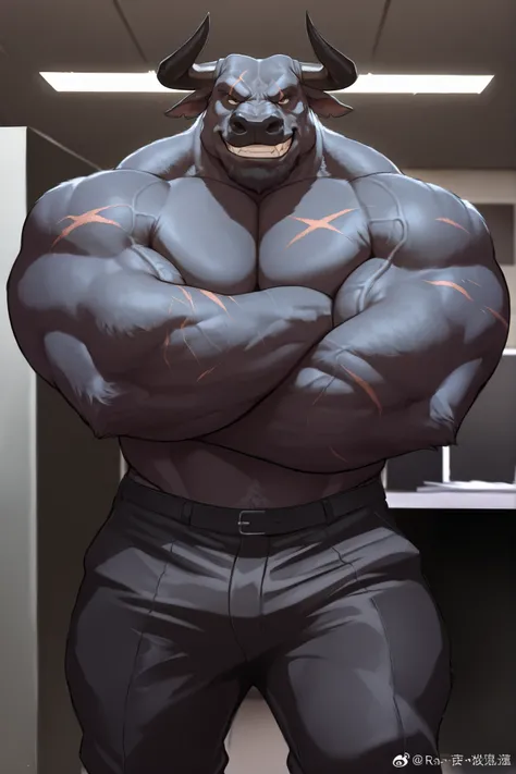 solo, masterpiece:1.3, muscular man, furry black bull, black pants, topless, office, film looks, firm, serious, strong, pose, grin, looking to viewer, victory pose, scar on face, highly detailed, 8k, semi realistic, Anatomically Correct, Best Quality, Text...