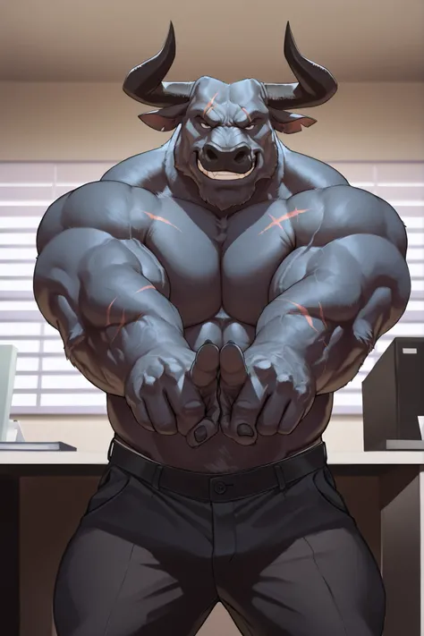 solo, masterpiece:1.3, muscular man, furry black bull, black pants, topless, office, film looks, firm, serious, strong, pose, grin, looking to viewer, peace pose, scar on face, highly detailed, 8k, semi realistic, Anatomically Correct, Best Quality, Textur...