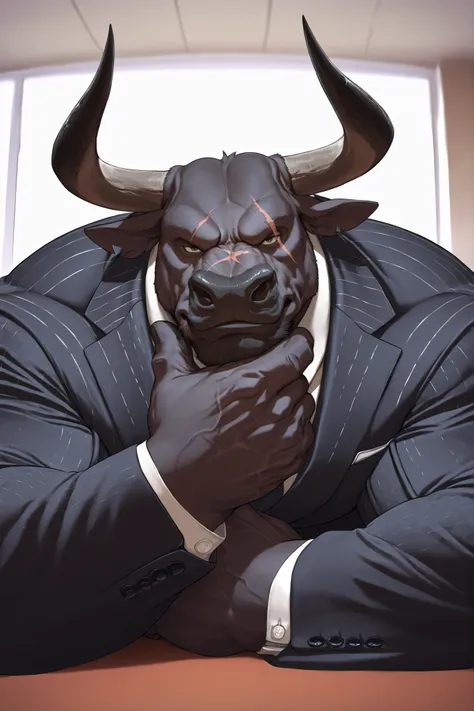 solo, masterpiece:1.3, muscular man, furry black bull, suits, office, film looks, firm, serious, strong, hand on chin, pose, table, looking to viewer, scar on face, highly detailed, 8k, semi realistic, Anatomically Correct, Best Quality, Textured Skin, Ray...