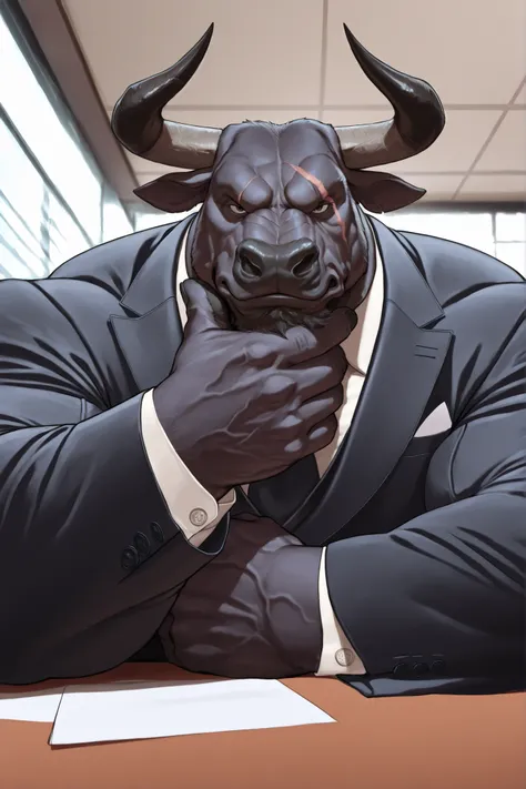 solo, masterpiece:1.3, muscular man, furry black bull, suits, office, film looks, firm, serious, strong, hand on chin, pose, table, looking to viewer, scar on face, highly detailed, 8k, semi realistic, Anatomically Correct, Best Quality, Textured Skin, Ray...