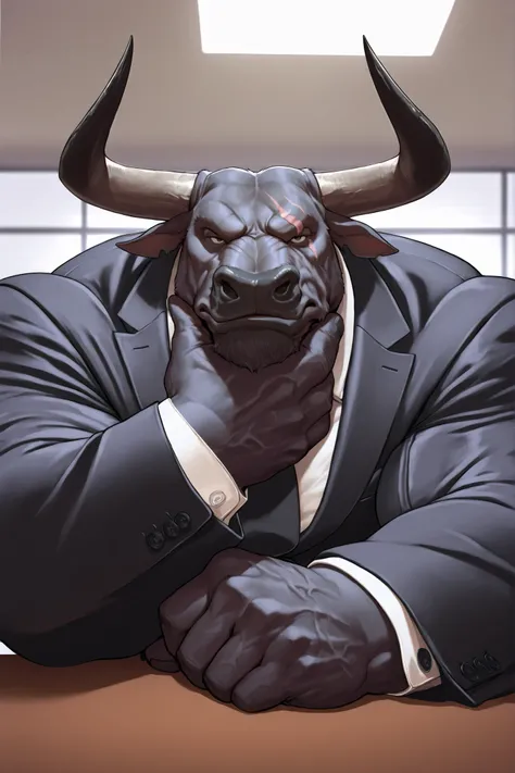 solo, masterpiece:1.3, muscular man, furry black bull, suits, office, film looks, firm, serious, strong, hand on chin, pose, table, looking to viewer, scar on face, highly detailed, 8k, semi realistic, Anatomically Correct, Best Quality, Textured Skin, Ray...