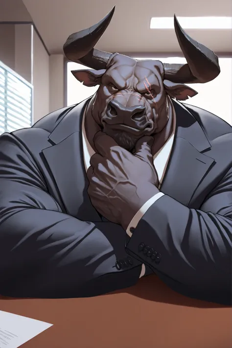 solo, masterpiece:1.3, muscular man, furry black bull, suits, office, film looks, firm, serious, strong, hand on chin, pose, table, looking to viewer, scar on face, highly detailed, 8k, semi realistic, Anatomically Correct, Best Quality, Textured Skin, Ray...