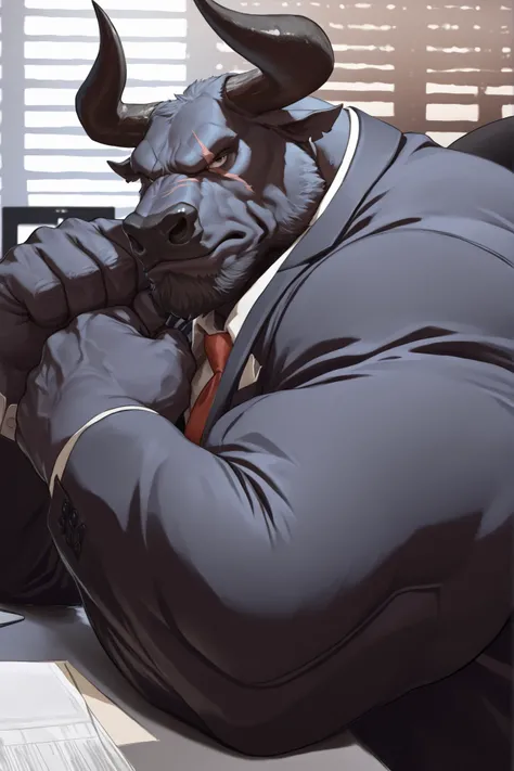 solo, masterpiece:1.3, muscular man, furry black bull, suits, office, film looks, firm, serious, strong, arms focus, pose, looking to viewer, scar on face, highly detailed, 8k, semi realistic, Anatomically Correct, Best Quality, Textured Skin, Ray Tracing,...