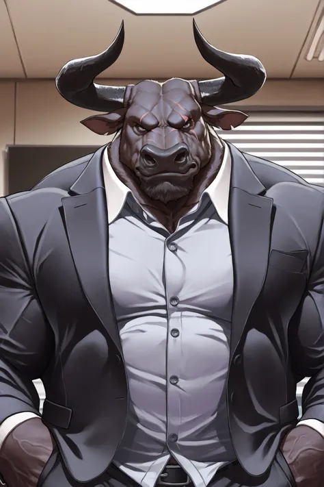 solo, masterpiece:1.3, muscular man, furry black bull, suits, office, film looks, firm, serious, strong, pectoral focus, pose, looking to viewer, scar on face, highly detailed, 8k, semi realistic, Anatomically Correct, Best Quality, Textured Skin, Ray Trac...