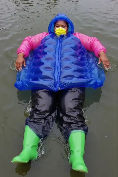 a plus-size woman with large arms a massive belly and large legs, african american, wearing plasticinflcoat a inflated blue and pink vinyl jacket, wearing black inflatable pants, wearing shiny green rubber boots, laying in a river floating on the water, we...