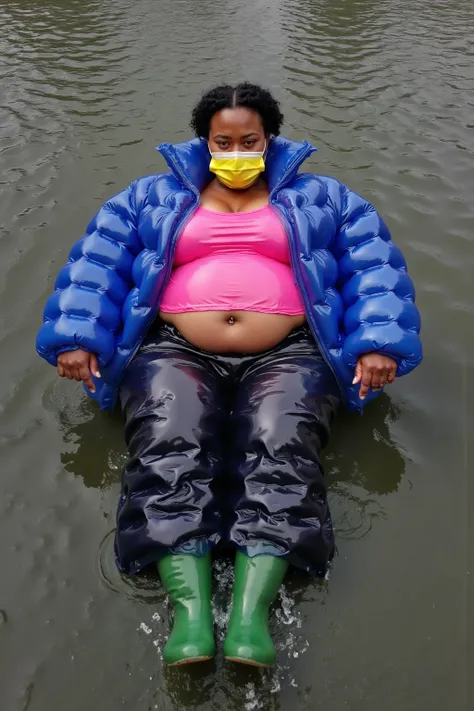 a plus-size woman with large arms a massive belly and large legs, african american, wearing plasticinflcoat a inflated blue and pink vinyl jacket, wearing black inflatable pants, wearing shiny green rubber boots, laying in a river floating on the water, we...