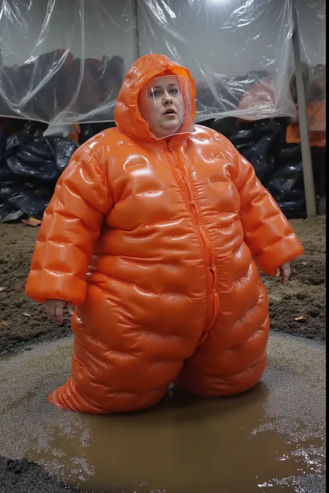 A 400 pound plus-size woman in inflated orange PVC raincoat and matching inflatable trousers, floating in a muddy pond surrounded by industrial rubber debris, wearing transparent vinyl face shield with condensation droplets, dramatic lighting through plast...