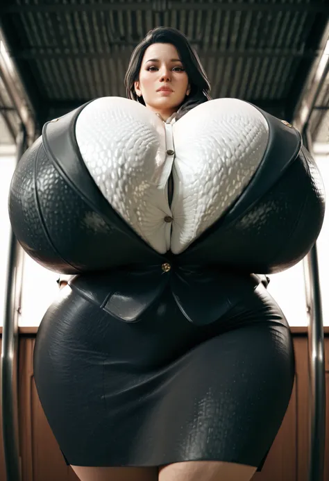 masterpiece, ultra-HD, high detail, best quality, 8k, best quality, sharp focus, depth of field, realistic,1 girl,mature woman,milf,black hair,long hair,brown eyes,(enormous breasts:1.3),cowboy shot,blazer,white shirt,buttons,pencil skirt,(well dressed),fr...