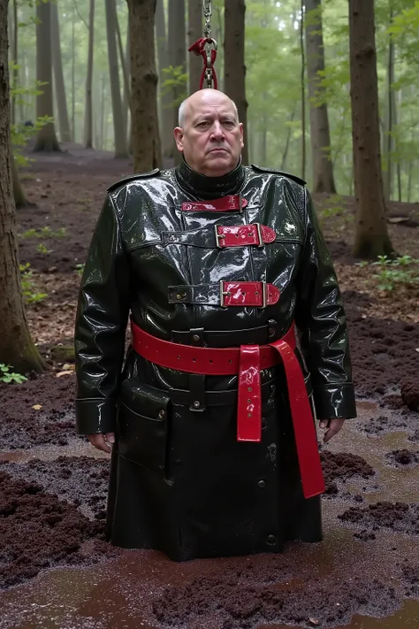 a 82 year old fat asian man weighing 200 pounds, wearing a black and green GothTrench with red belts and heavy metal D rings on the shoulders, partially submerged in thick sticky black and brown quicksand in a steamy forest, a crane has chains attached to ...